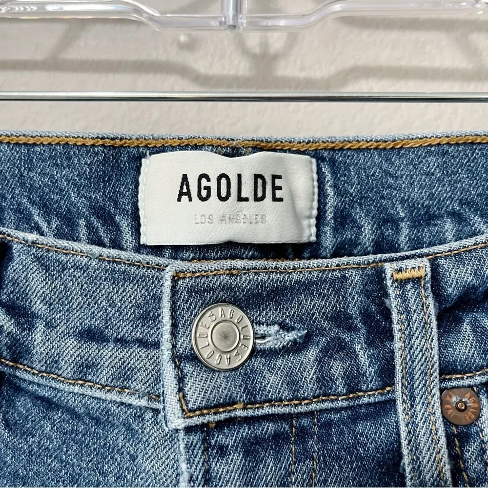 Agolde Toni Mid Rise Straight Jeans Medium Blue Size 24 Distressed